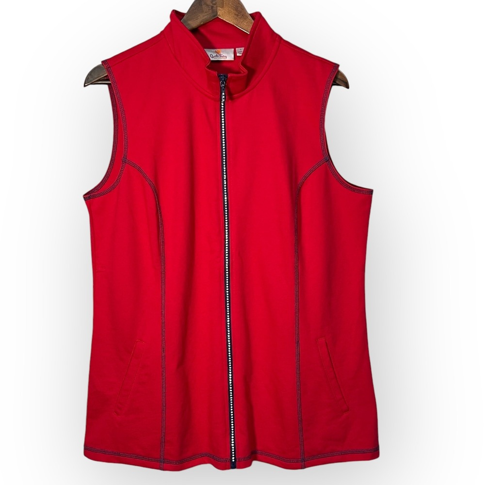 Quacker Factory Red Rhinestone Zip Up Vest Womens Large A273161 Mock Neck Knit